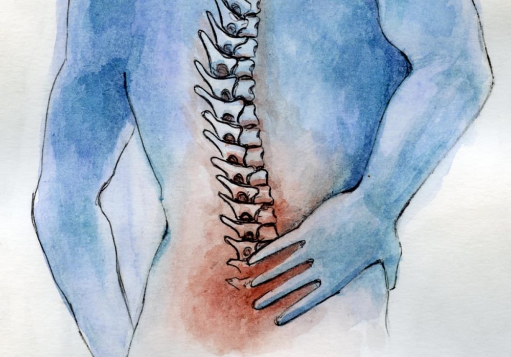 Aquarelle bleue et rouge au niveau de la douleur au dos